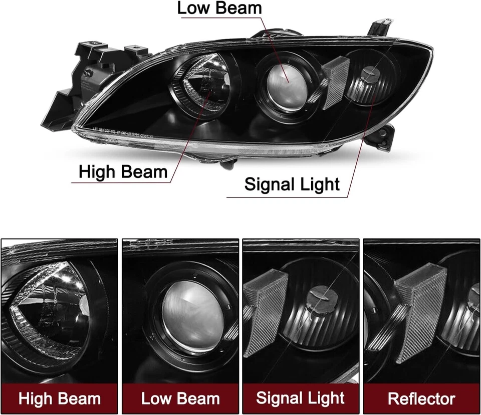 Черные фары 2004-2009 для Mazda 3 седан галогенные прожекторы фары LH+RH - Изображение 2 из 4
