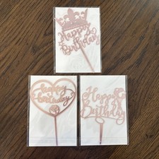 Set Of 3 Pink Happy Birthday Cake Toppers - Party Supply Event Decoration 3 Pcs