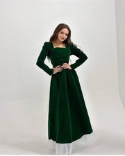Womens Green Velvet Fit & Flare Dress Long Sleeves Evening Party Wear Dress