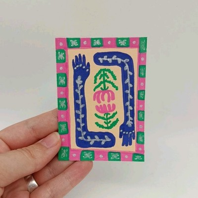 ACEO Original Painting Miniature OOAK Gemälde #1 ''Umarmung'' Folk Art Acrylmarker