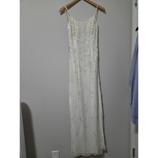 Vintage White Floral Beaded Sequin Maxi Dress Spaghetti Strap V-Back Formal Gown