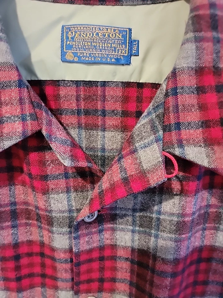 Camisa de Tablero Pendleton De Colección Cuello Lazo Para Hombre XXL 100% Lana Hecha en EE. UU. Gris Rojo Foto 4 de 4