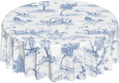 Blue and White Rustic Farmhouse round Tablecloth 60 Inch Pastoral Hunting Patter