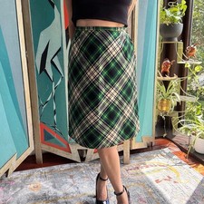 1960s Green Tartan Plaid Wool A-Line Midi Skirt XS/SM