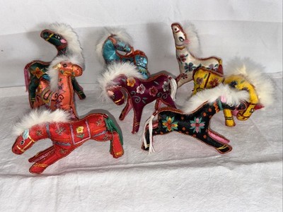 RARE Vintage Chinese Embroidered Silk Horse Figures w Fuzzy Manes ~ LOT of 8