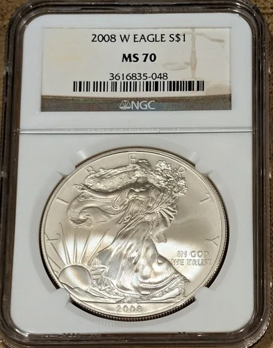 2008 W BURNISHED SILVER EAGLE NGC MS70 CLASSIC BROWN LABEL ASE 1 OUNCE 1 OZ