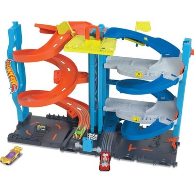 City Track Set with 1 Car, 2-in-1 Race Tower that Transforms from Single to D...