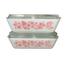2 Vintage White Pink Pyrex 503 1.5 QT Refrigerator Dish w/ Lid In Gooseberry FS