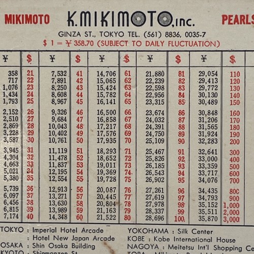 Mikimoto Pearls Inc Exchange Rate Card Yen Dollars Vintage Tokyo Japan