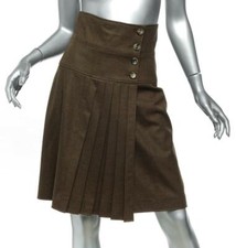 YVES SAINT LAURENT Brown Wool Pleated Button Wrap Knee-Length Skirt FR38 US6