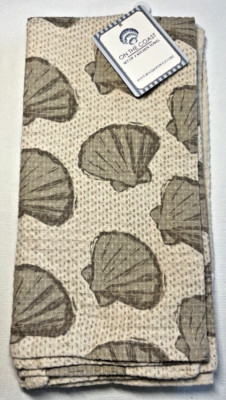 ON THE COAST KITCHEN TOWELS (2) CREAM KHAKI TAN SHELLS 20 X 28 100% COTTON NWT