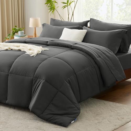 Comforter Set - 7 Pieces Bed in a Bag Set Gray Complete Queen Dark Grey