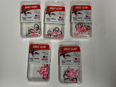 Lot of 5 Eagle Claw 10cnt. 1/32oz Ball Head Jigs Pink and White Bulk
