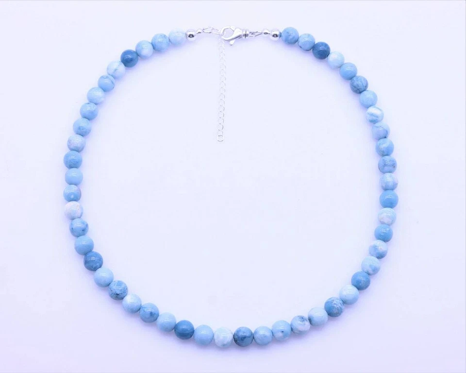 Larimar Beaded Necklace, 8mm Light Blue Large AAA Round Layering Sterling Silver - Image 4 of 4