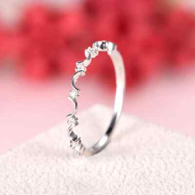 Round Cut Lab Grown Diamond Half Eternity Moon Pattern Ring In 10K White Gold