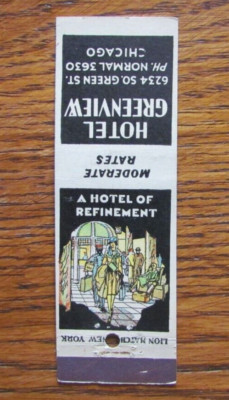 HOTEL GREENVIEW MATCHBOOK COVER: CHICAGO, ILLINOIS EMPTY c1920s MATCHCOVER -B2