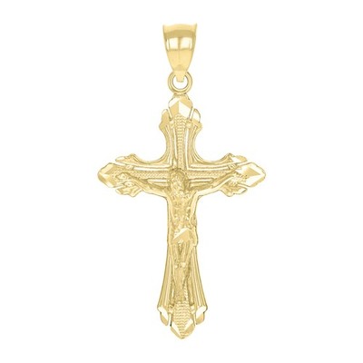 Genuine 10K Yellow Gold 1.40'' Charm D/C Textured Pointed Cross Crucifix Pendant