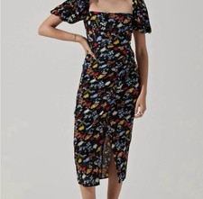 ASTR the Label Black Floral Puff Sleeve Front Slit Midi Dress S Cottage Boho