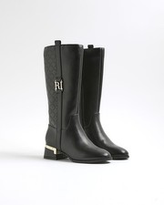 River Island Girls Knee High Boots Black Embossed Ri Hardware Monogram Shoes