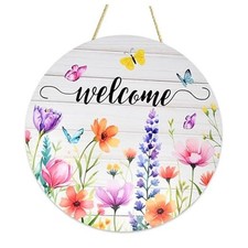 - Welcome Spring Door Sign Round Wooden Hanging Plaque with Tulip and