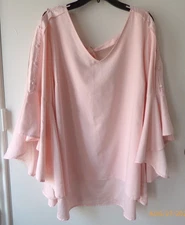Lane Bryant 18/20 Pink Blouse Silky Long Bell Split Sleeve Bow Tie Back Top NWOT