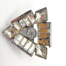 Vintage 80s Silver Tone Clear Rhinestone Geometric Triangle Brooch Pin Art Deco