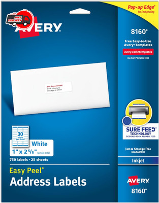 Avery  Easy Peel  White Inkjet Address Labels, 1'' X 2 5/8'', Pack of 750 8160