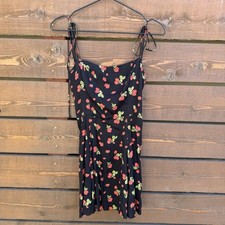 Reformation Presley Strawberry Print Tie Shoulder Crepe Mini Dress Sz 2 Black