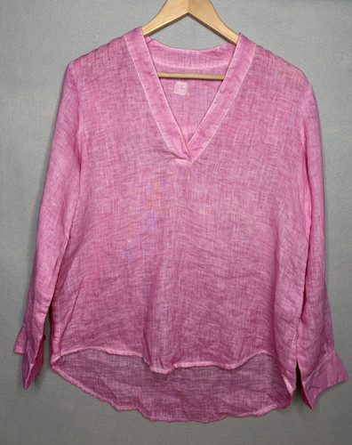 120% Lino Magenta Pink Sz IT42/US Medium 100% Linen Popover V Neck Blouse - Picture 1 of 7