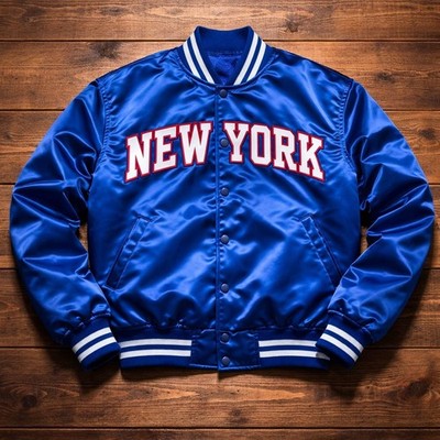 Letterman New York Royal Blue Satin Varsity Jacket Embroidered logo