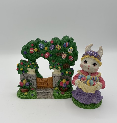 Vintage Easter Bunny Colorful Eggs Tree Resin Figurines Whimsy 5" Set Of 2