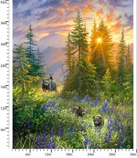 36" Fabric Panel | 3 Wishes New Beginnings Bear Meadow Forest Scene Green