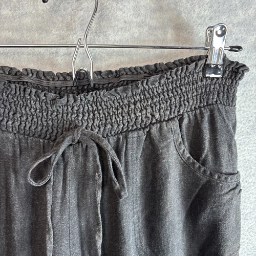 Vintage Wide Leg Pants L Linen Rayon Black Smocked Waist Pockets Minimalist Soft - Picture 5 of 20