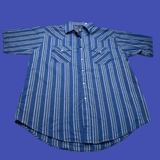 Plains Western Wear Pearl Snap Shirt Mens Large Blue Striped Short Sleeve