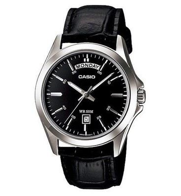 Casio MTP-1370L-1AVDF HERREN UHR STAHL LEDER SCHWARZ DAY-DATE 37mm UNTERPREIS