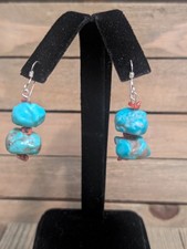 Turquoise Nuggets  Natural Meditation Coral Accents Navajo Dangle Earrings