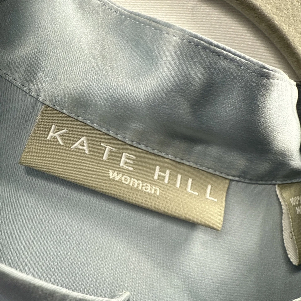 Blusa Top Kate Hill 100% Seda 18W Manga Larga Azul Puños Franceses Cuello Mandarín Foto 3 de 4