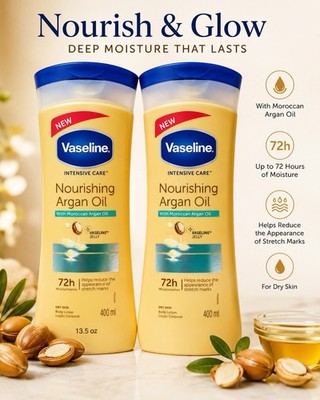 Vaseline Intensive Care Nourishing Argan Oil Lotion, 400 ml, 2 PACK New No Box