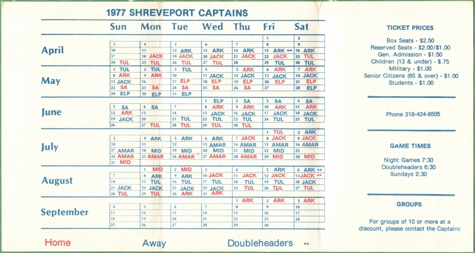 1977 Shreveport Captains minor league baseball pocket schedule eBay