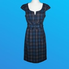 Belted Retro Dark Blue Plaid Dress