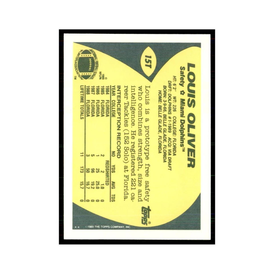 1989 Topps Traded Louis Oliver RC Dolphins #15T - Image 2 of 3