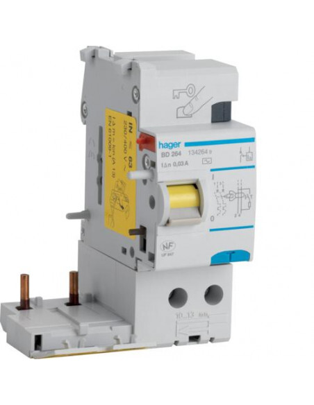 Bloc différentiel Hager BD264 2P 63A 30mA type AC pour tableau électrique