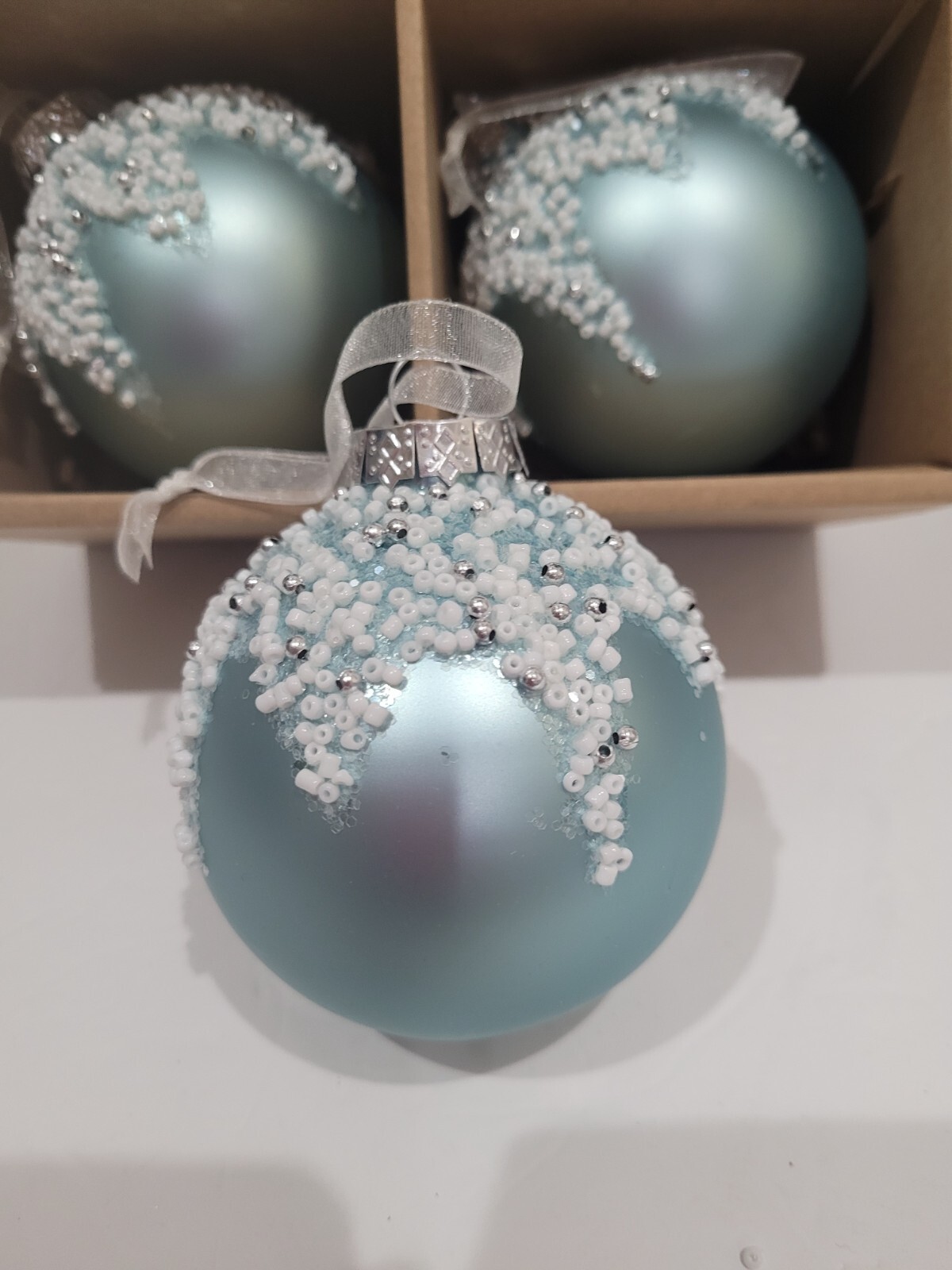 34th & Pine Beaded Blue Glass Christmas Tree Ornaments Decor Set of 4