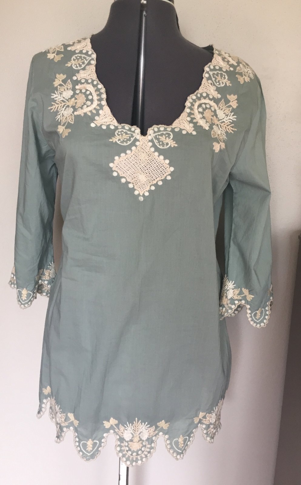 Parsley & Sage Cotton Embroidered Tunic Long Top Small Pretty Sage 3/4