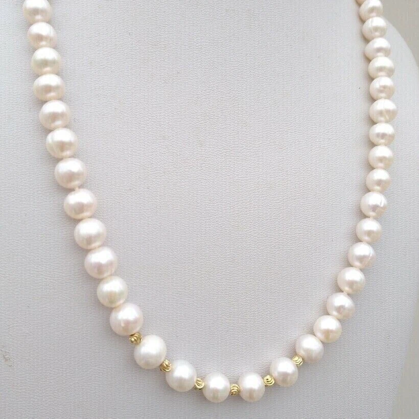 Impresionante Collar Diario 19" Natural 7-8mm Akoya Blanco Perla Real Oro 14k P Foto 4 de 4