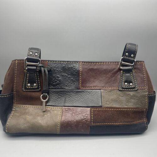 Fossil Patchwork Leather Satchel Shoulder Bag Multi Embossed Black Brown Vintage - Picture 1 of 10