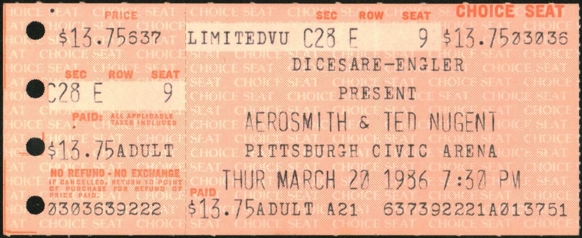 AEROSMITH-Ted Nugent-1986 RARE Concert Ticket Stub (Pittsburgh