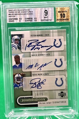 2005 UD Three Star Sign Peyton Manning Reggie Wayne Jackson 18 /75 BGS 9 AUTO 10