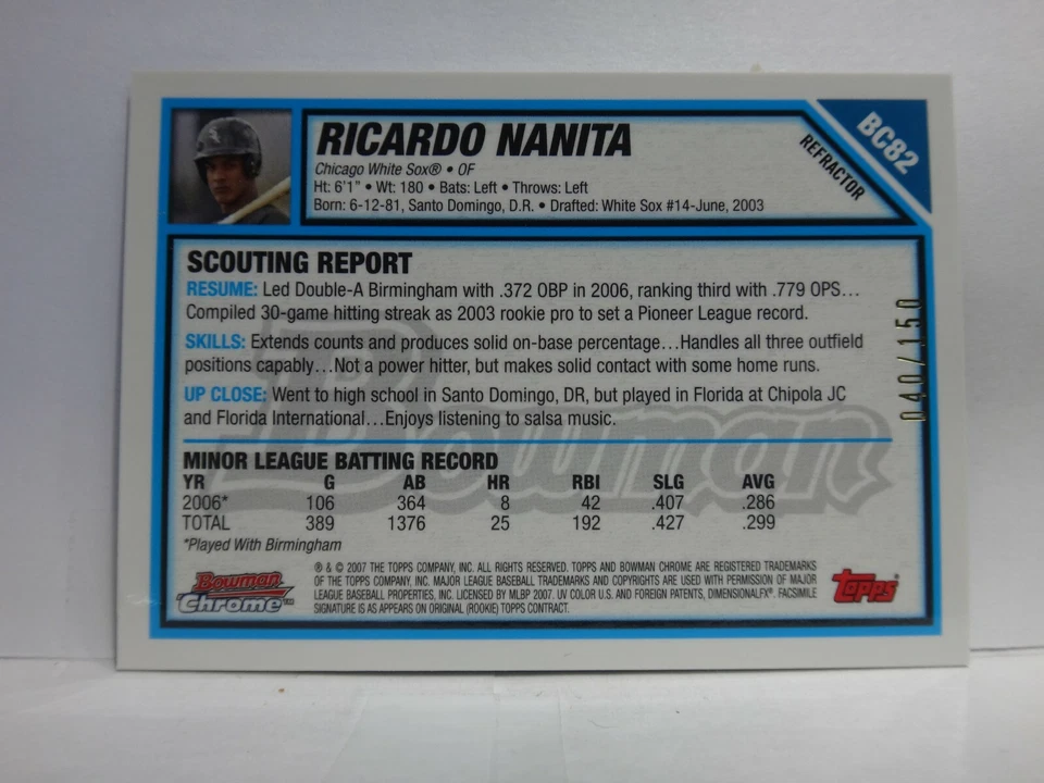 2007 Bowman Chrome Prospects Blue Refractors Card #BC82 Ricardo Nanita /150 - Image 2 of 2