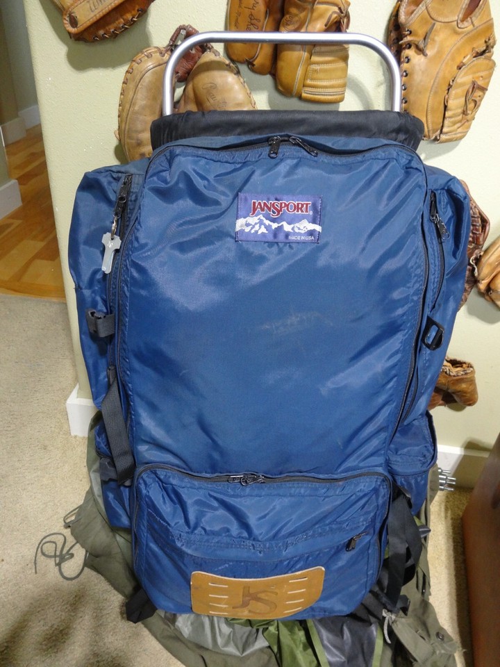 Vtg Jansport External Frame Backpack Royal Blue Made in USA Leather